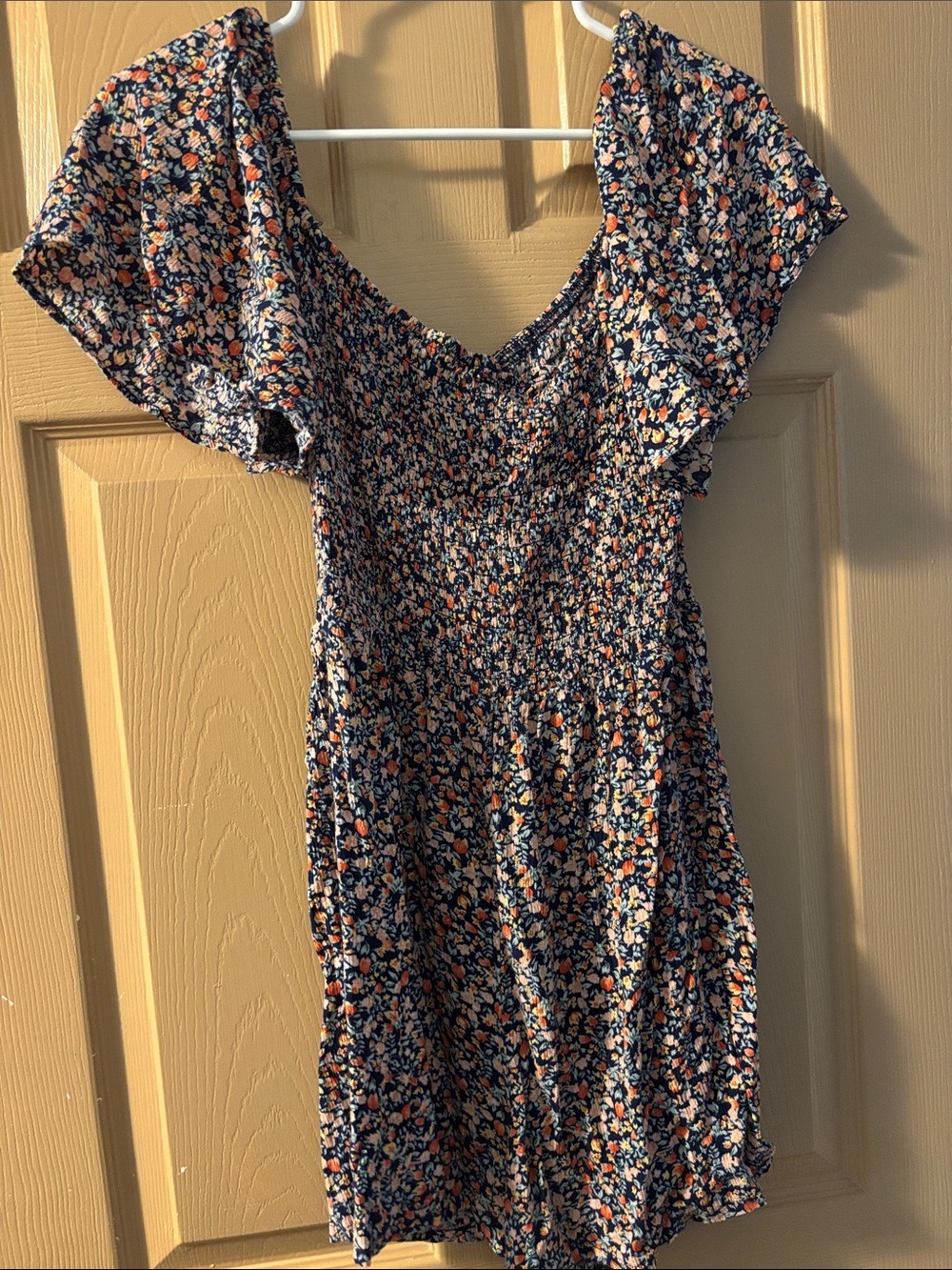 Floral Navy Short Sleeve Smocked Waist Romper